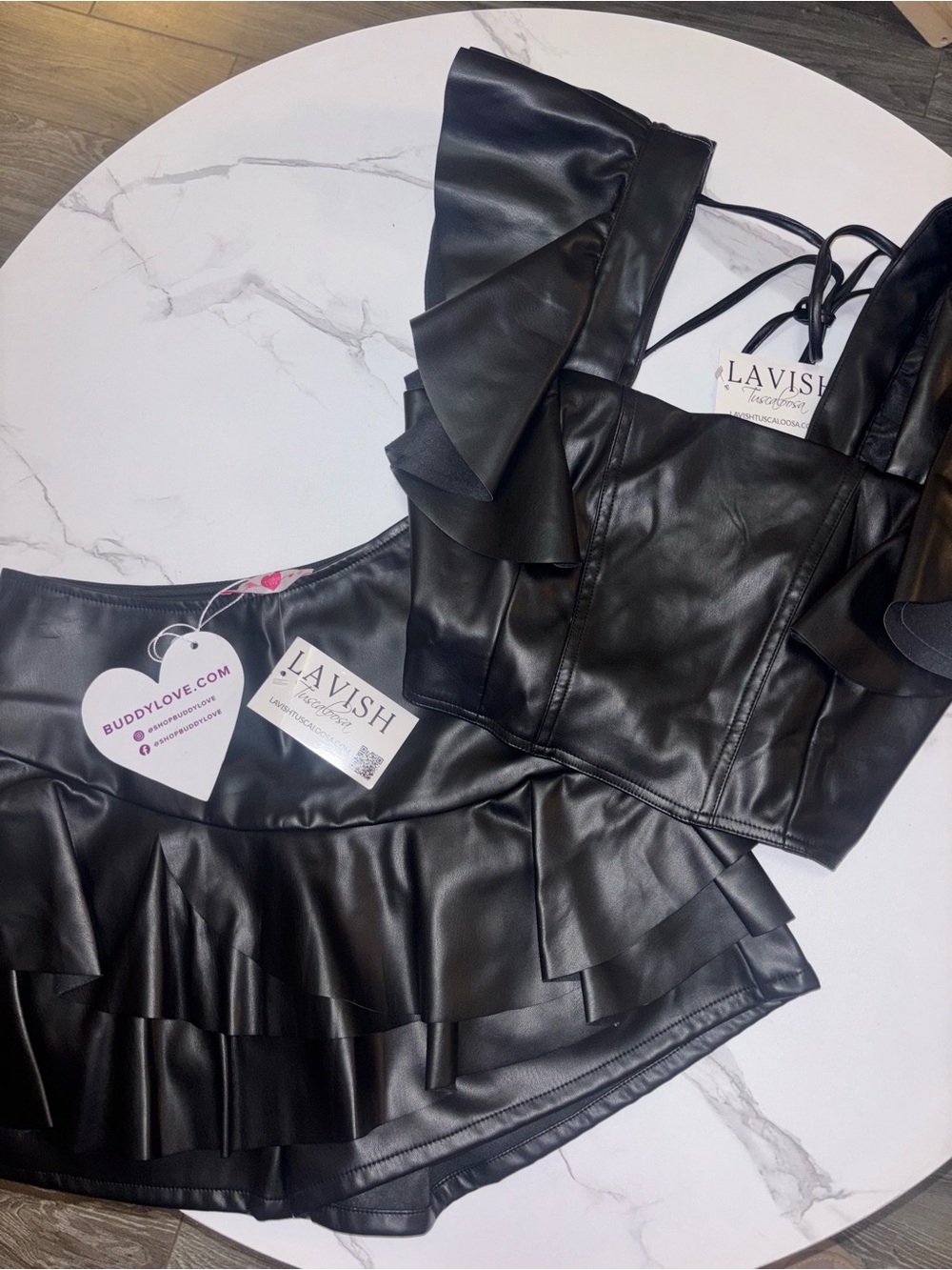 Lavish Black Faux Leather Ruffle Crop Top & Skirt Set